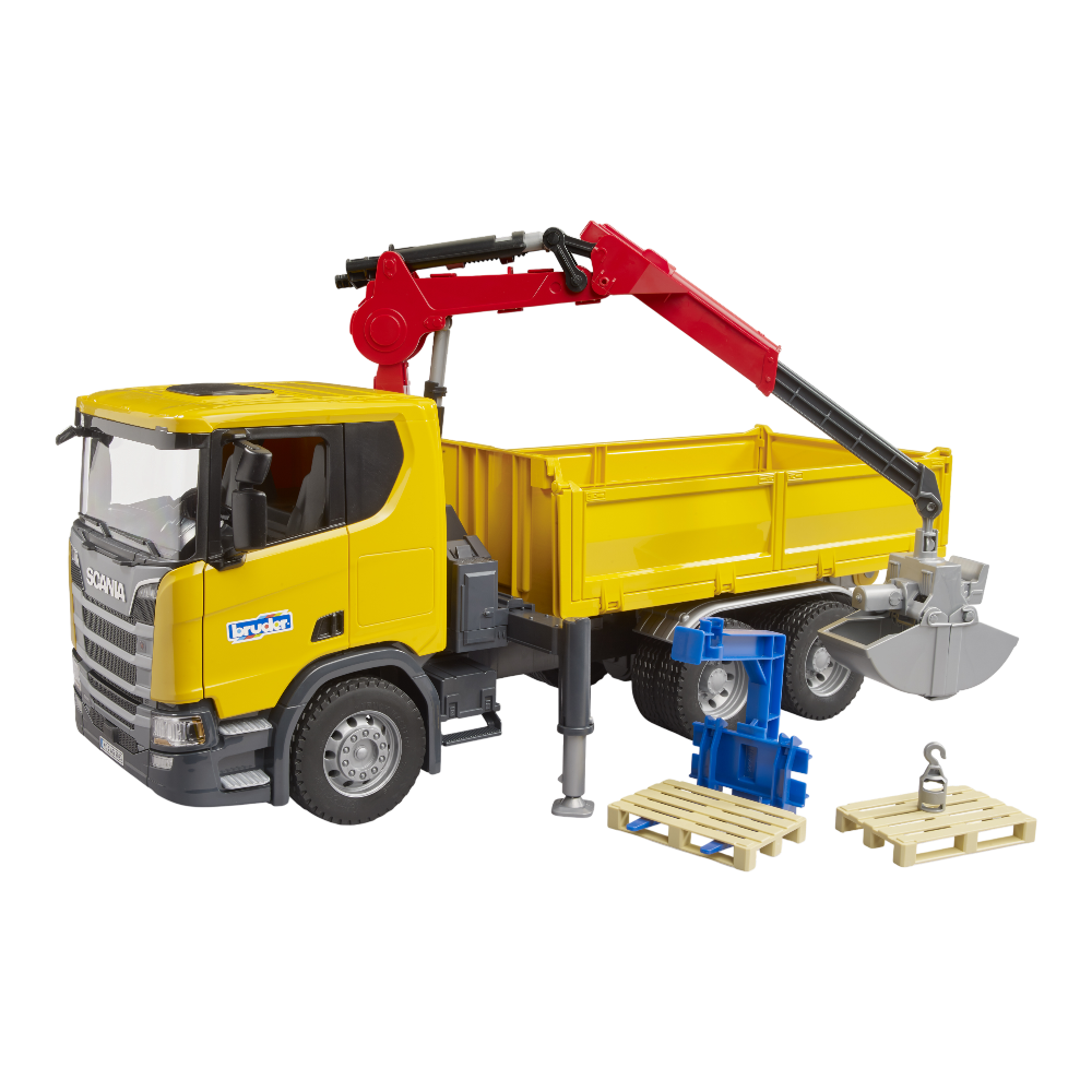 Bruder Scania Super 560R Baustellen-LKW Kran und 2 Paletten Bruder Scania Super 560R Baustellen-LKW Kran und 2 Paletten - Cover Image