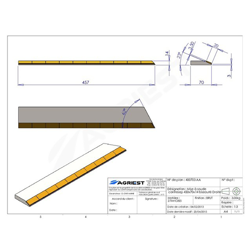 Grubber Anschweißteile Flach Anschweissteil Anlage 450X70X14 Abgeschrägt Rechts Hartmetall
