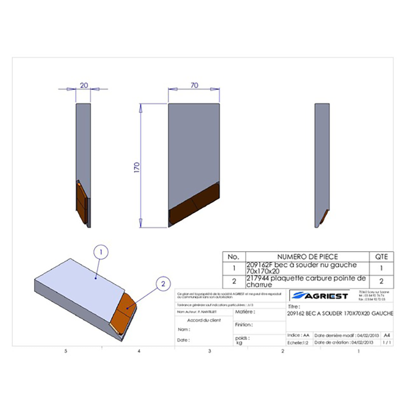Grubber Anschweißteile Einschweißspitze 170X70X20 Links Hartmetall